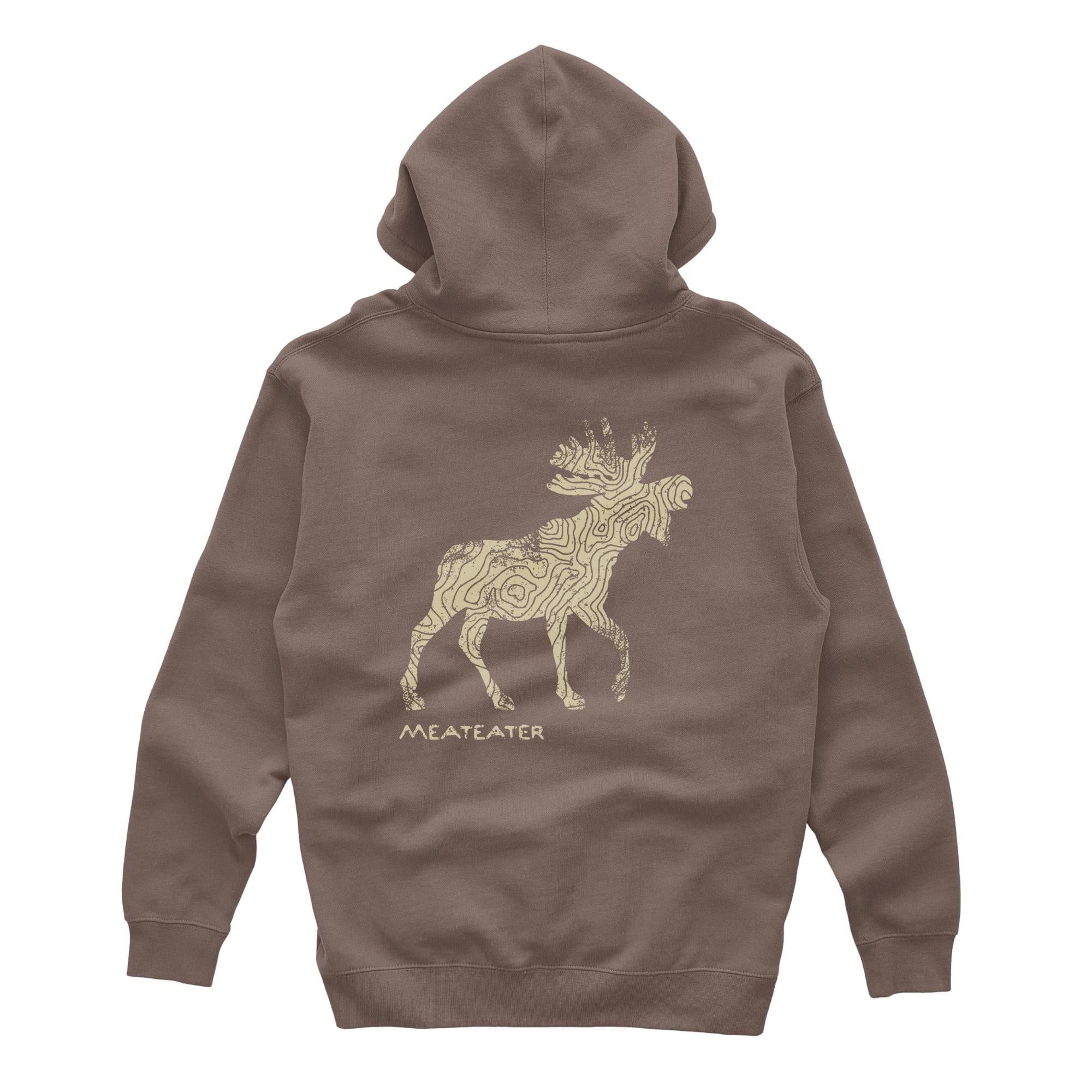 Brown hoody with a moose at the center and MEATEATER text below.