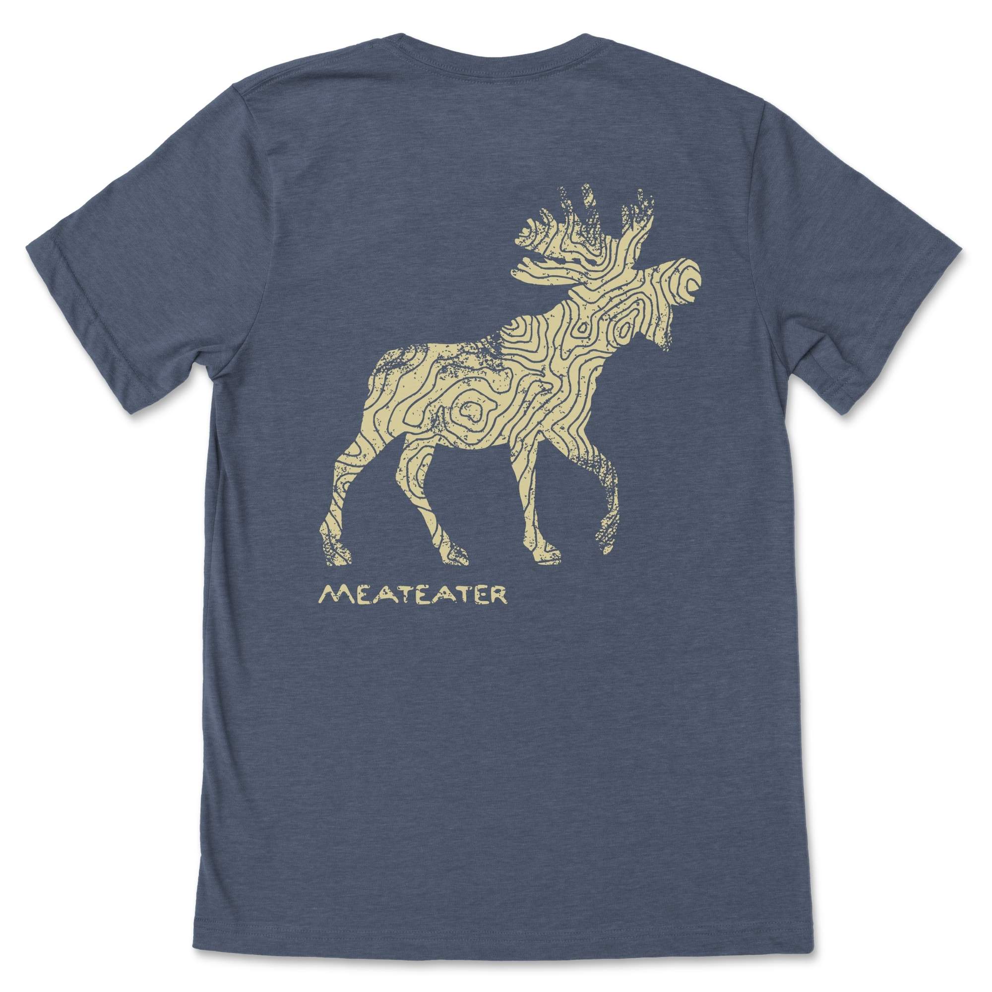 Blue heather t-shirt with a moose at the center and MEATEATER text below.