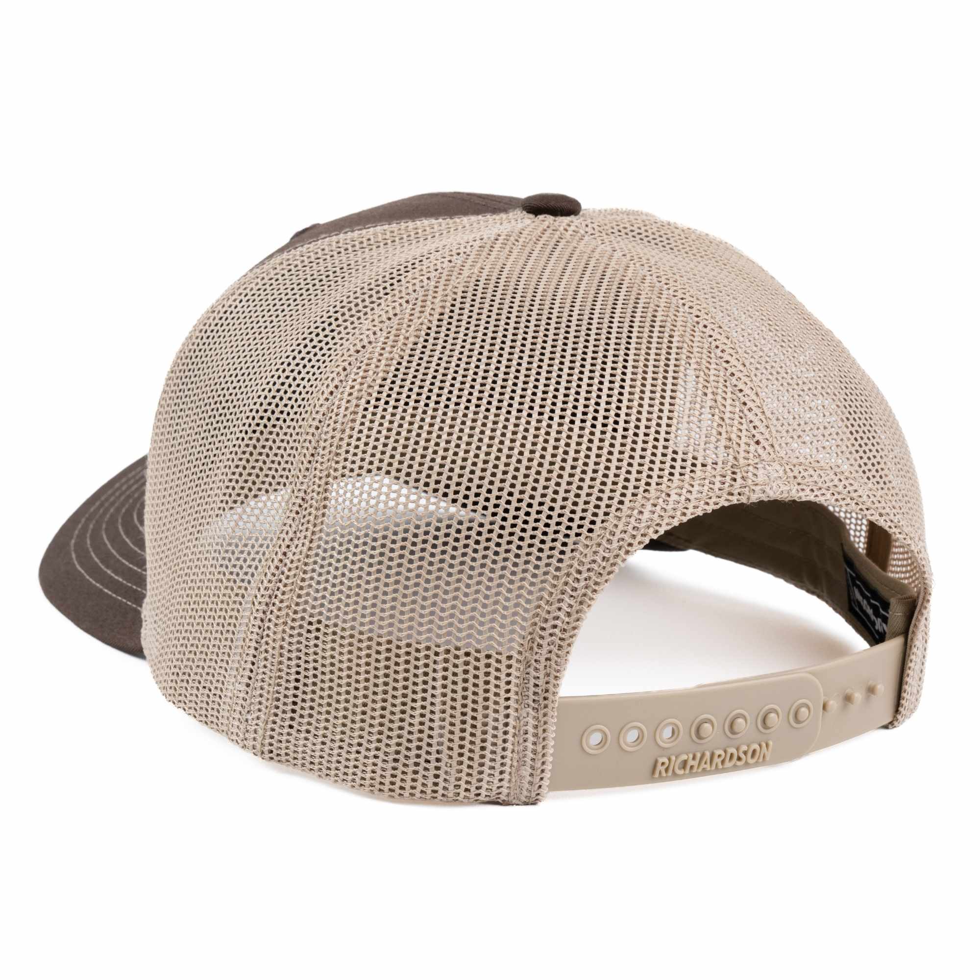 Khaki mesh cap with brown visor.