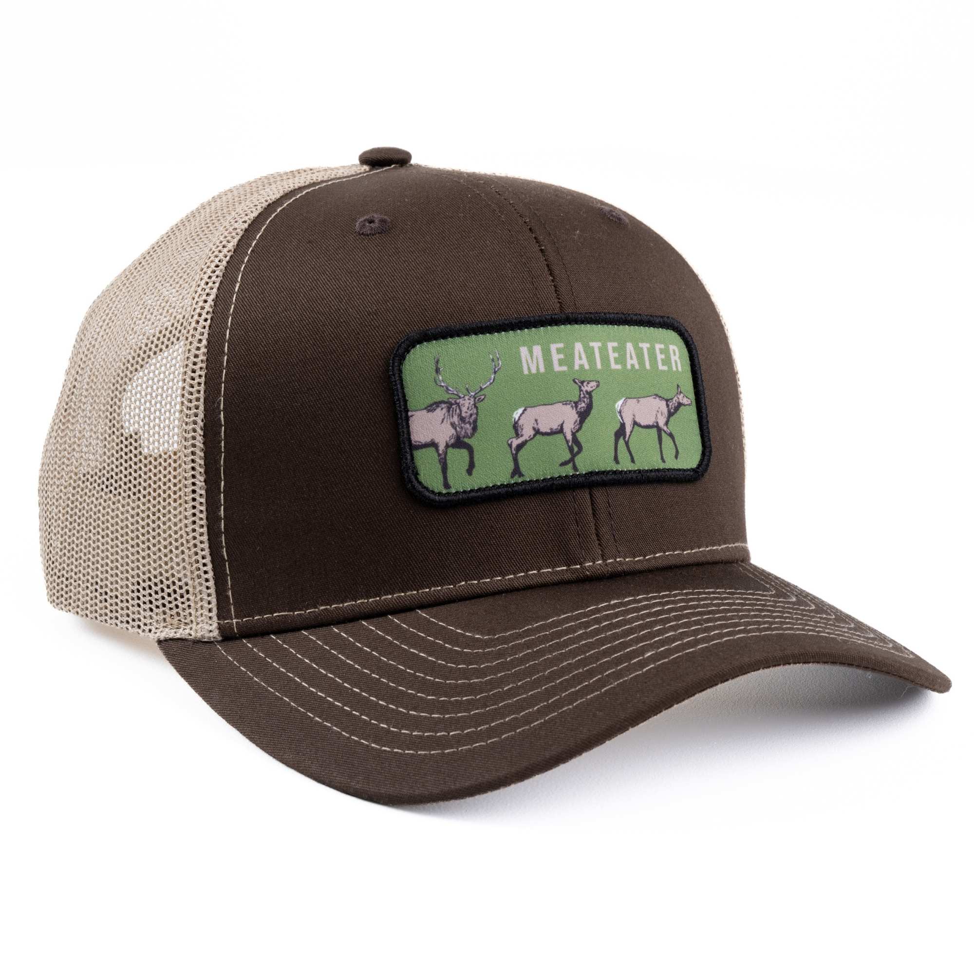 Brown and khaki cap with a patch featuring three elks and 'MEATEATER'.