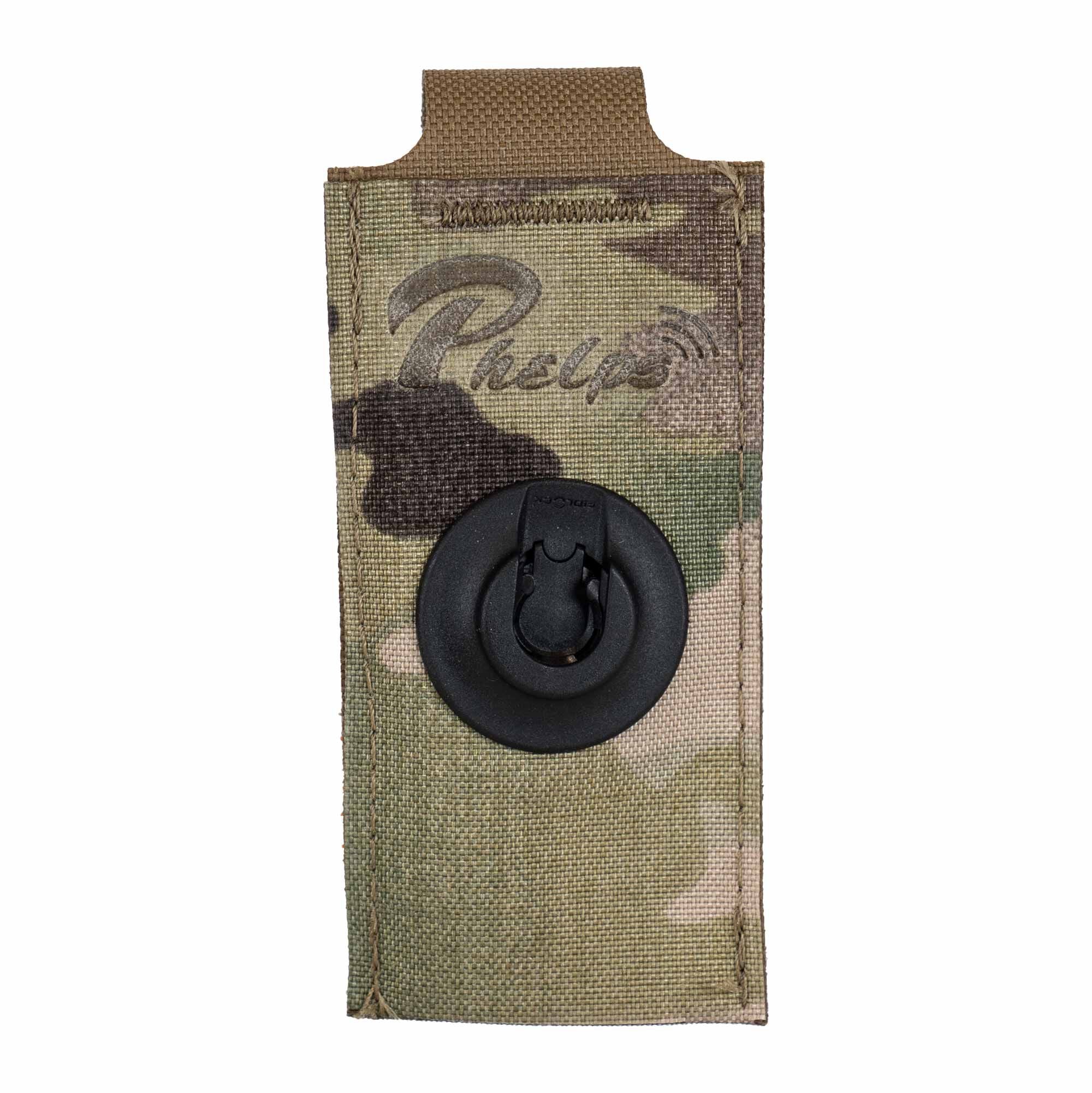 Multicam utility pouch with Phelps logo and a black circular Fidlock buckle.