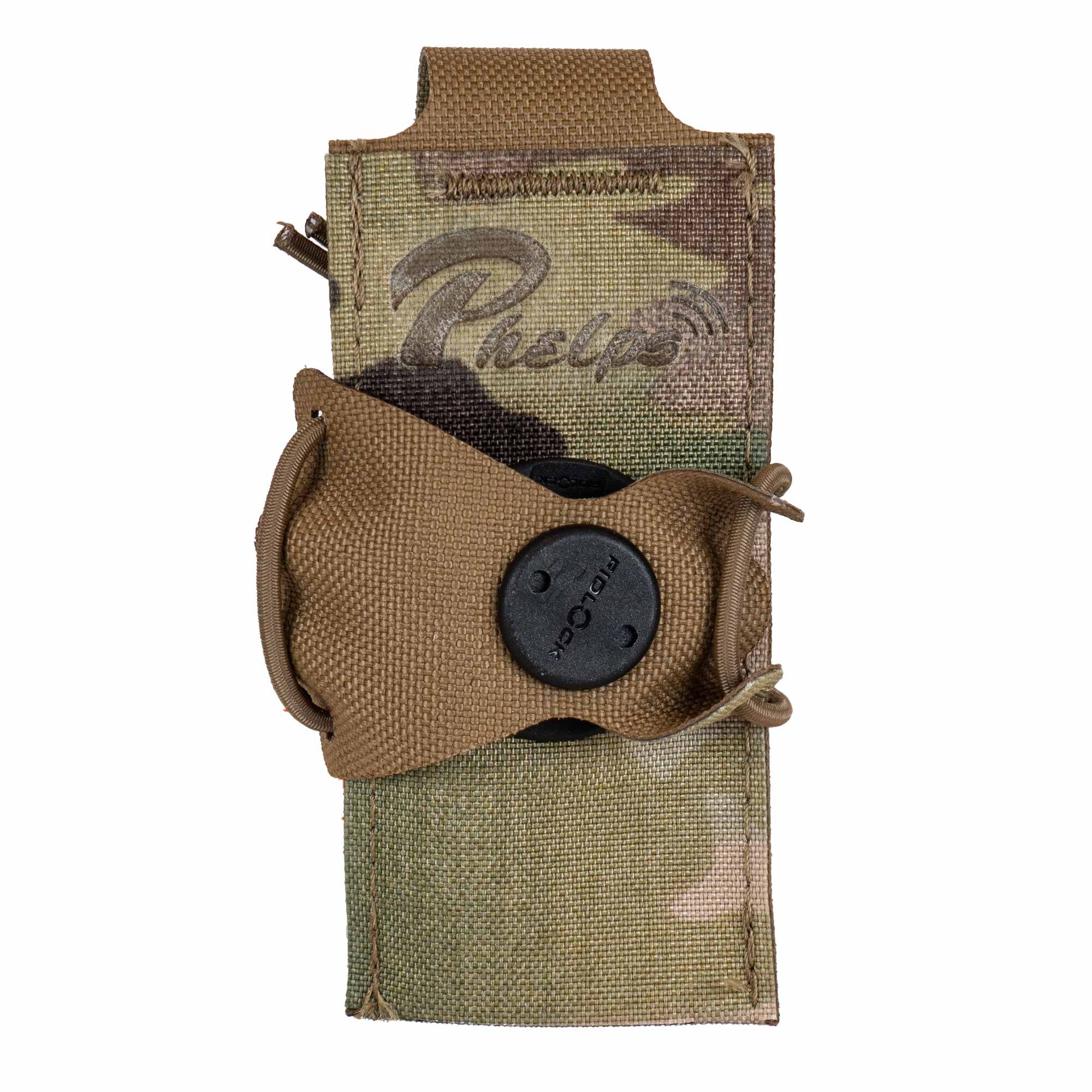 Camouflage utility pouch with Phelps logo, brown elastic strap, and black Fidlock buckle.