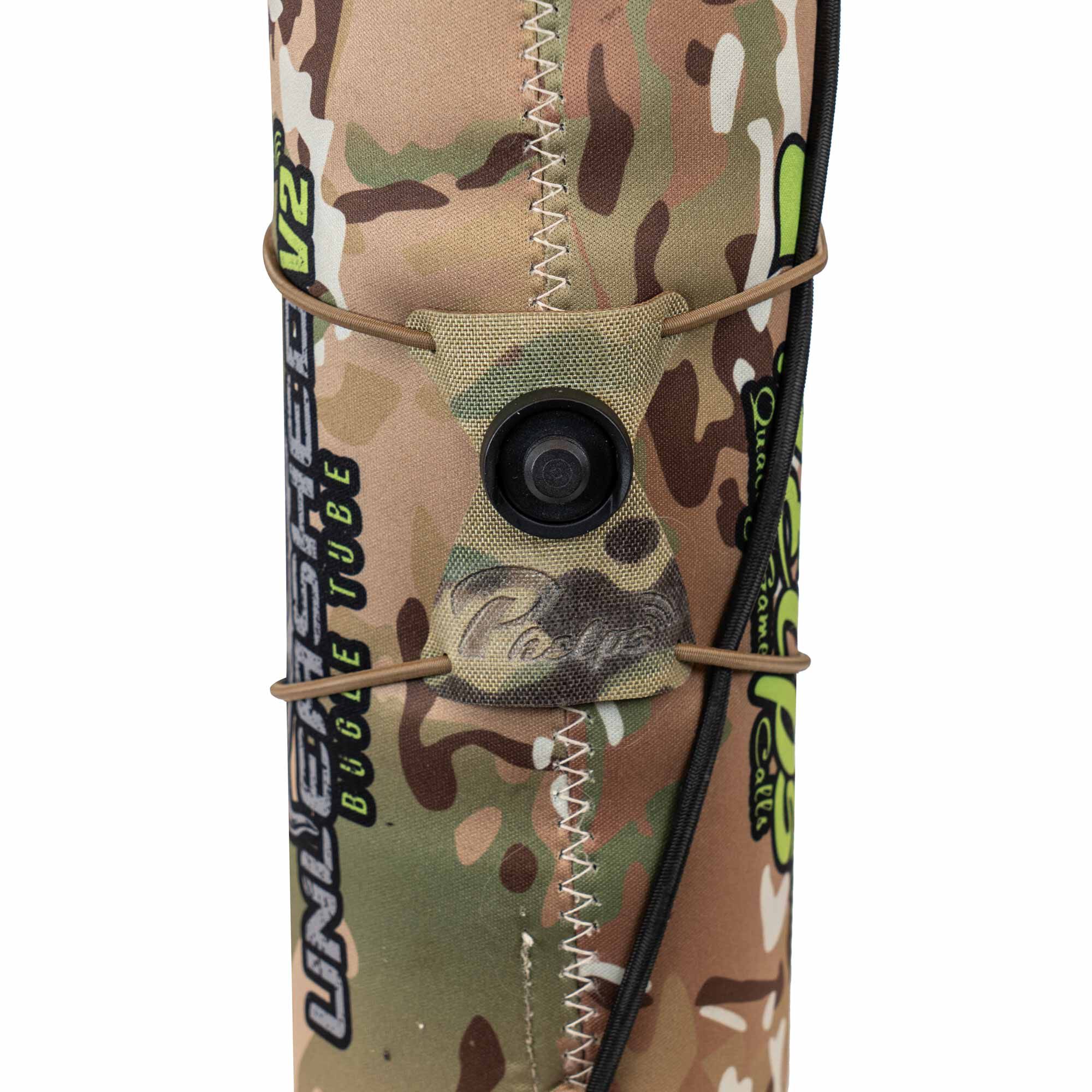Multicam bugle tube sleeve with elastic cord, black button, and Phelps logo.