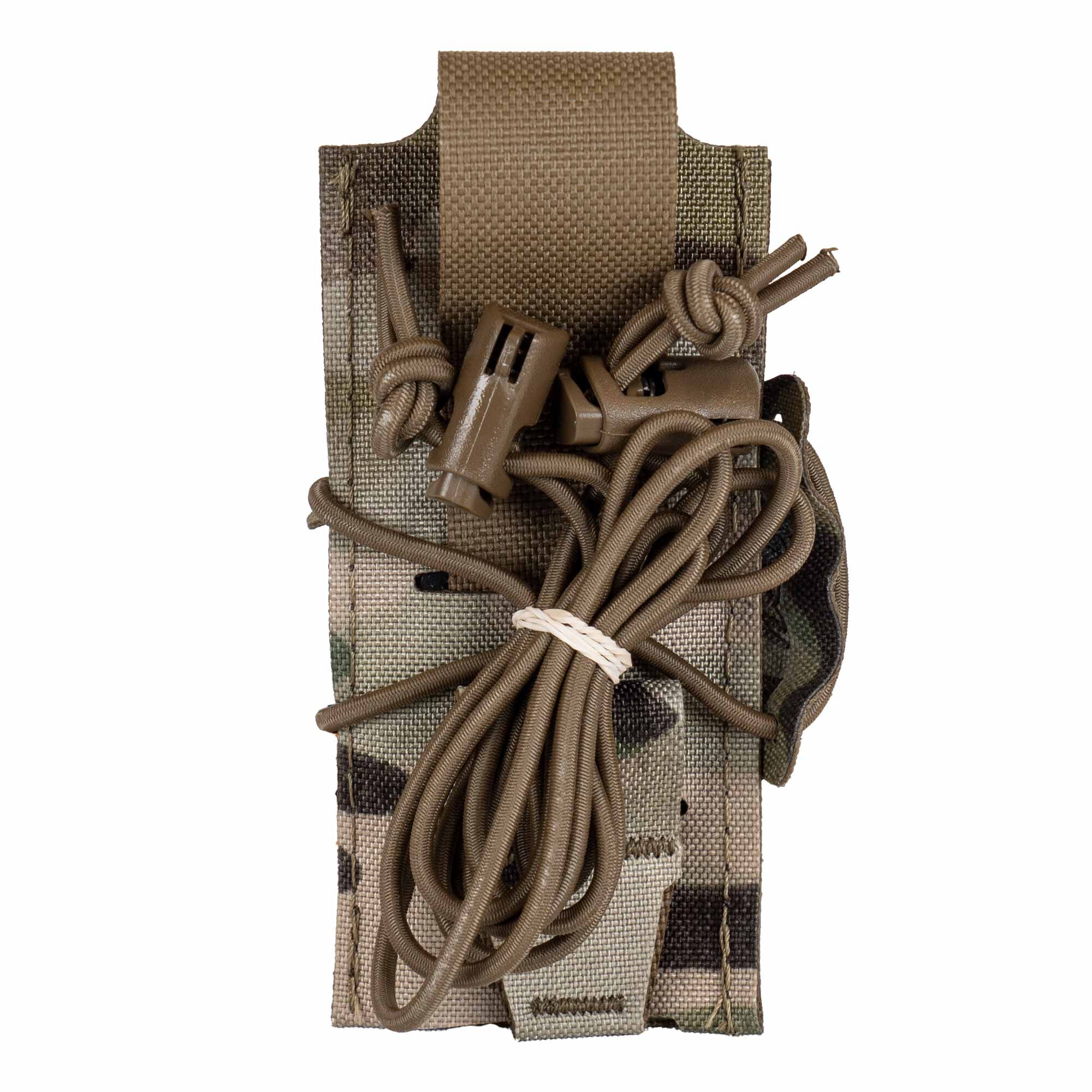 Multicam bugle tube holder with coyote brown elastic cord retention and cord locks.
