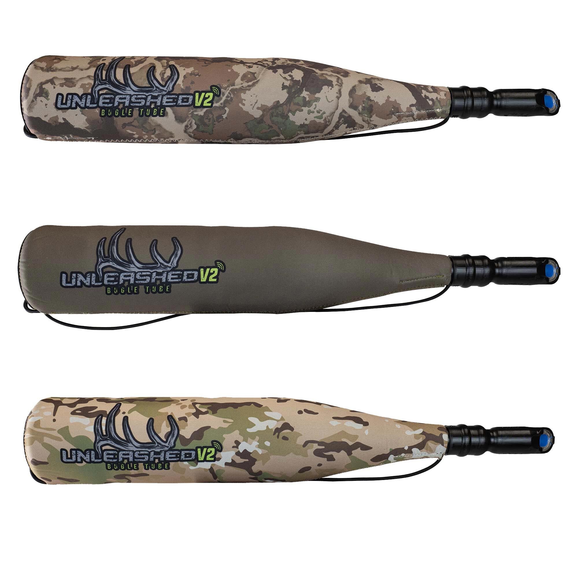 Three Unleashed V2 Bugle Tubes (1 olive, 2 camo) with black mouthpieces.