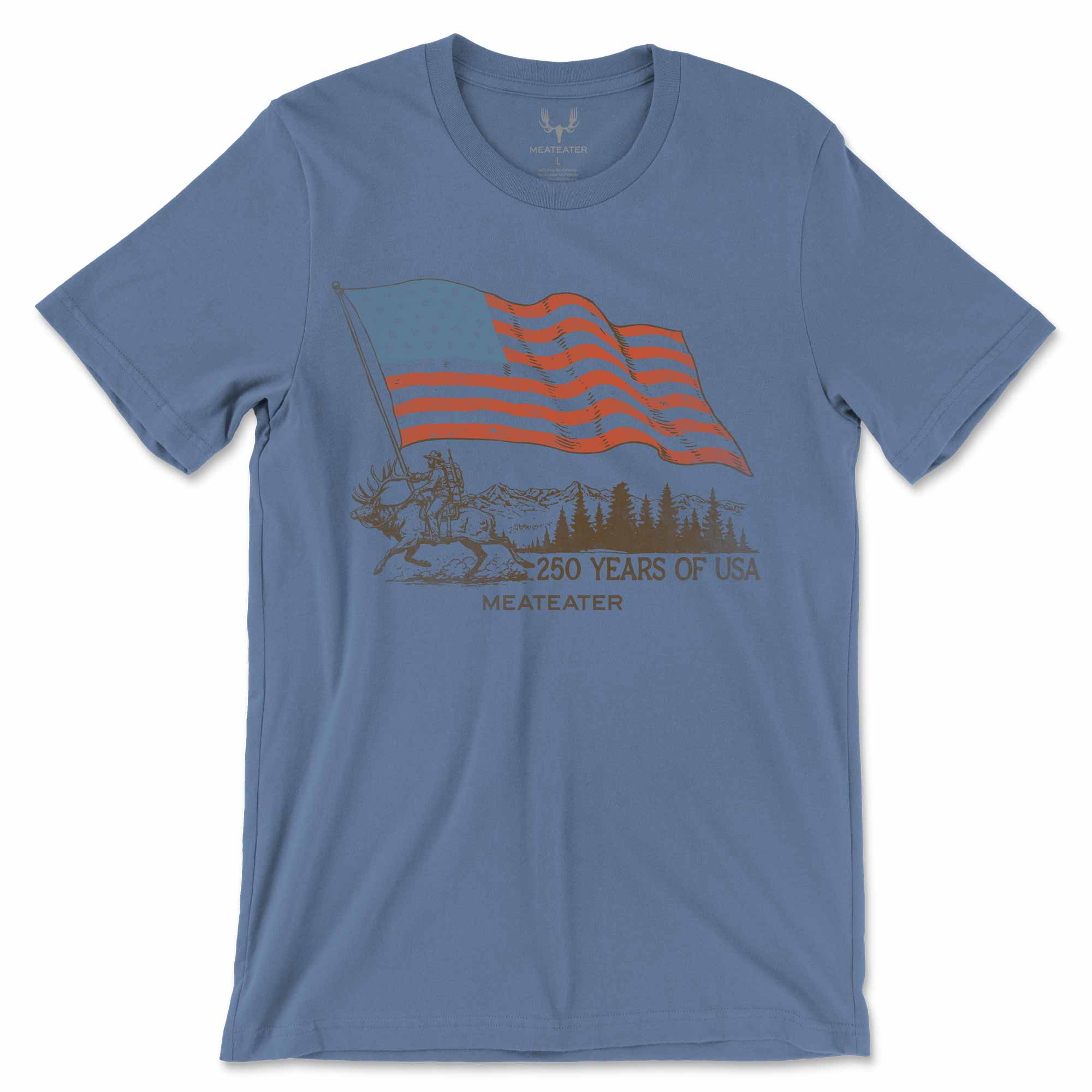 Blue t-shirt with a graphic design of an American flag and elk rider and text on a white background