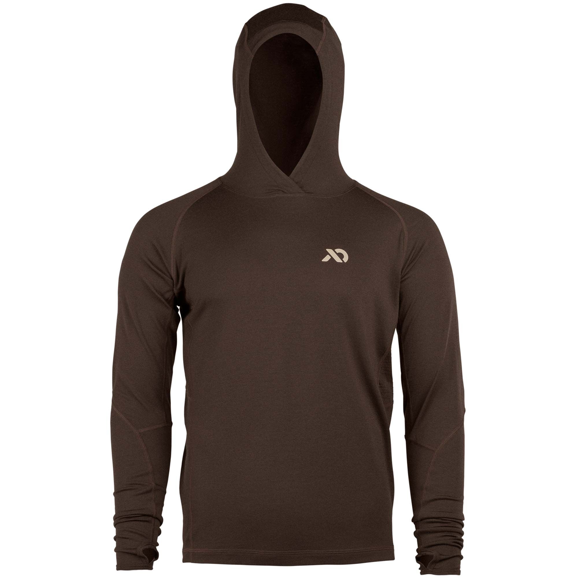 Dark brown long-sleeve hooded shirt with a tan chest logo and thumbholes.