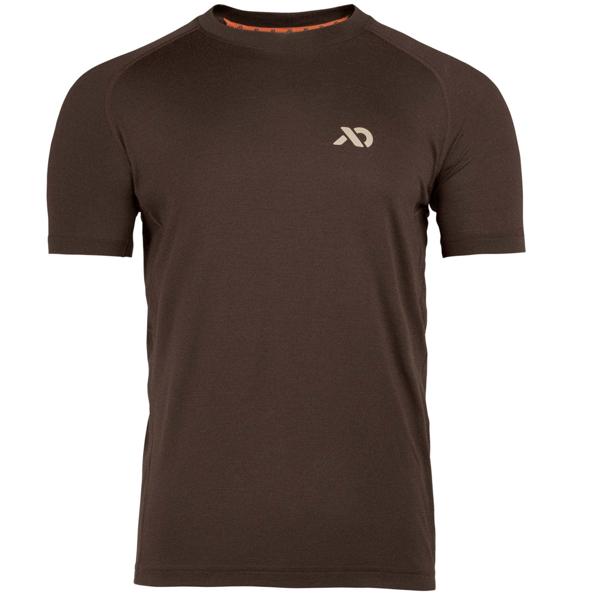 Dark brown short-sleeve t-shirt featuring a tan chest logo, raglan sleeves, and orange inner neck trim.