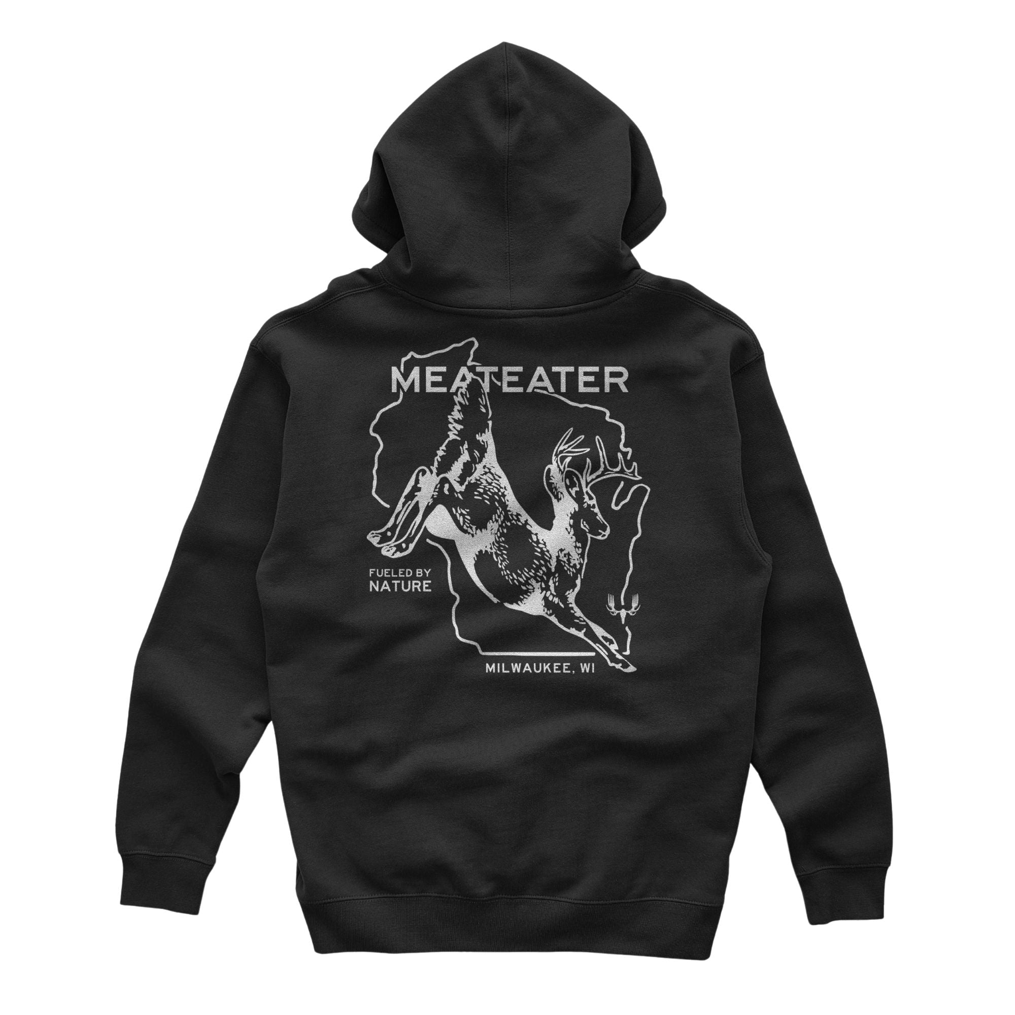 Black hoodie featuring "MEATEATER MILWAUKEE, FUELED BY NATURE" with a Wisconsin map and a whitetail deer jumping