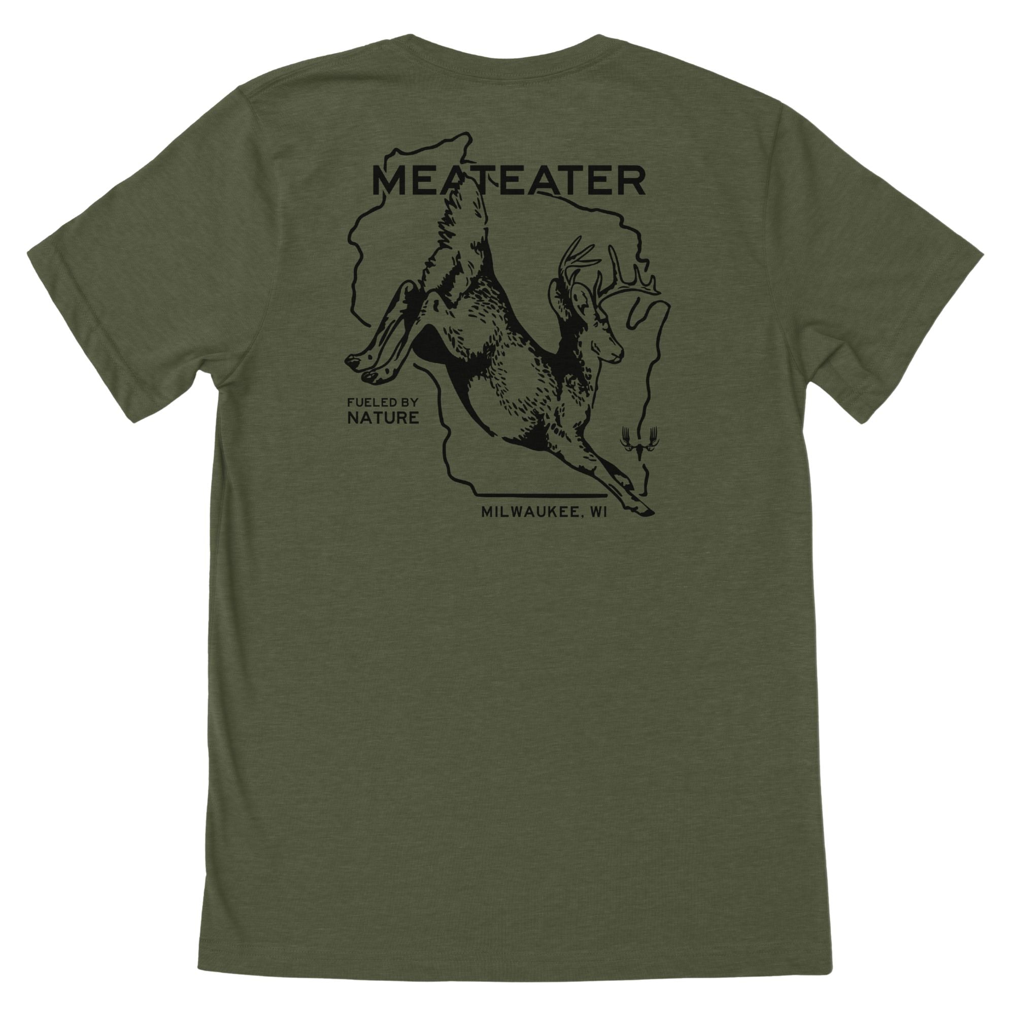 Military green t-shirt featuring "MEATEATER MILWAUKEE, FUELED BY NATURE" with a Wisconsin map and a whitetail deer jumping
