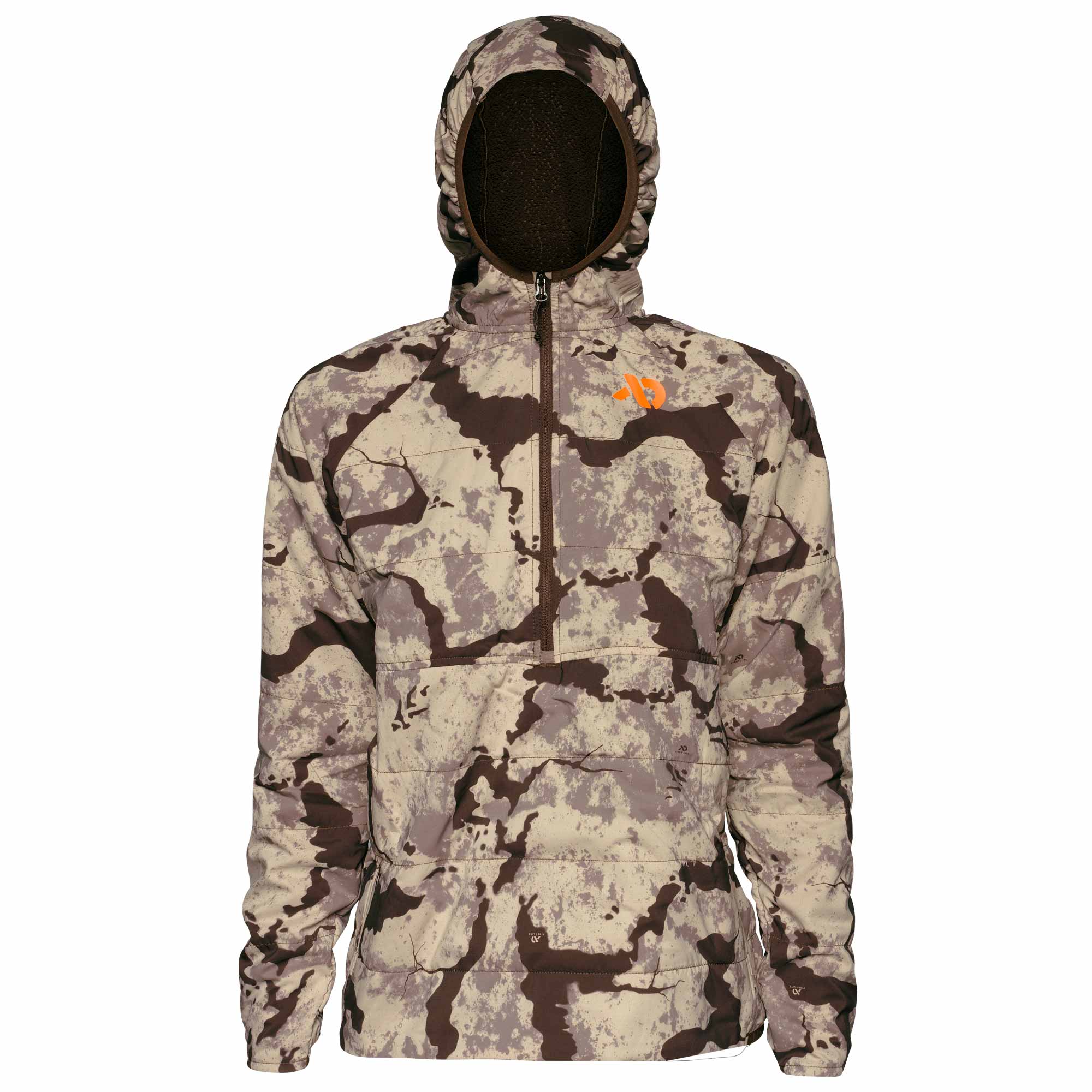 Brown camo insulated hooded pullover jacket with half-zip and orange logo.