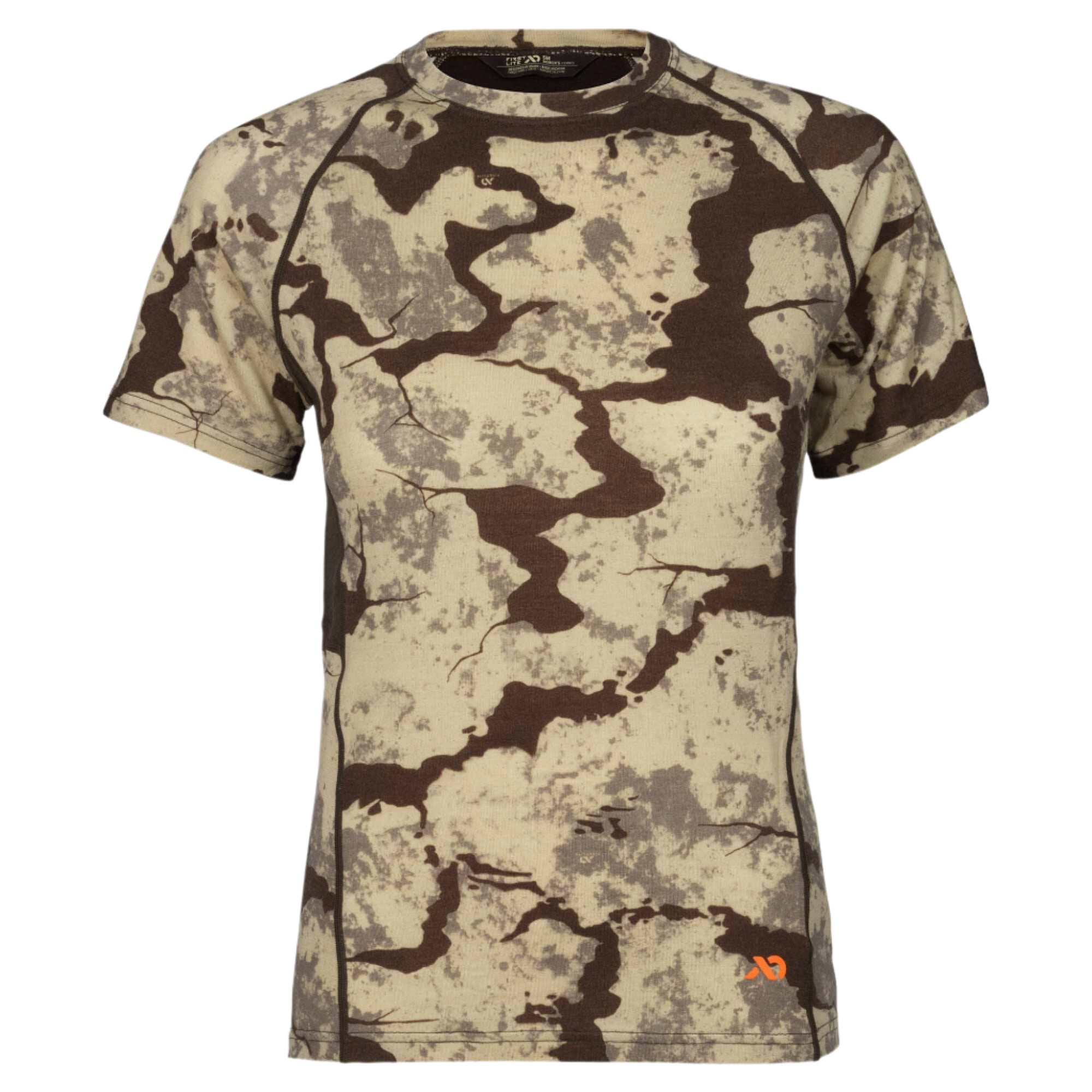 Tan, grey, and dark brown fractured camouflage short-sleeve t-shirt with dark contrast stitching and a small orange logo.