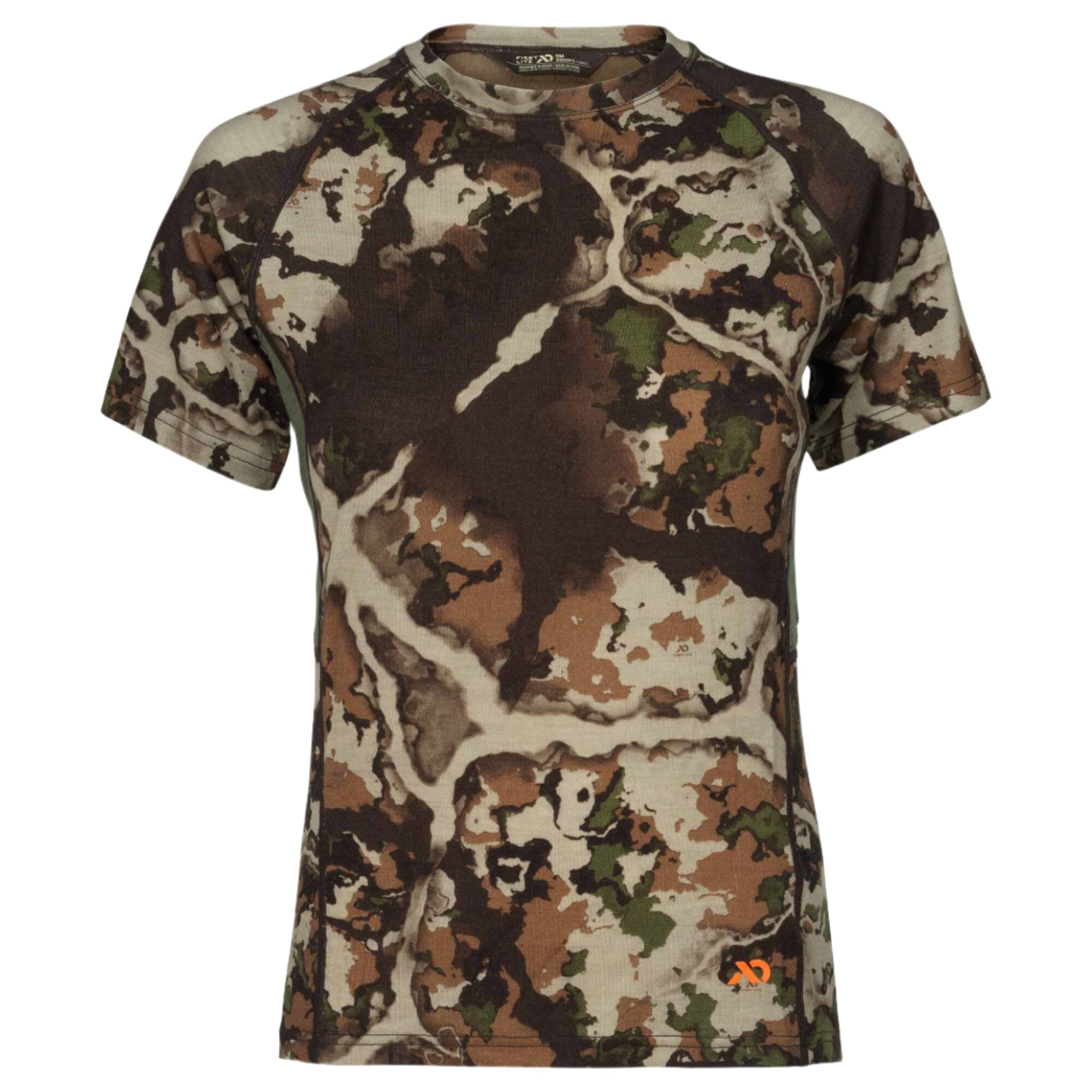 Short-sleeve t-shirt with brown, green, and tan camouflage pattern, raglan sleeves, and a small orange logo on the lower front.