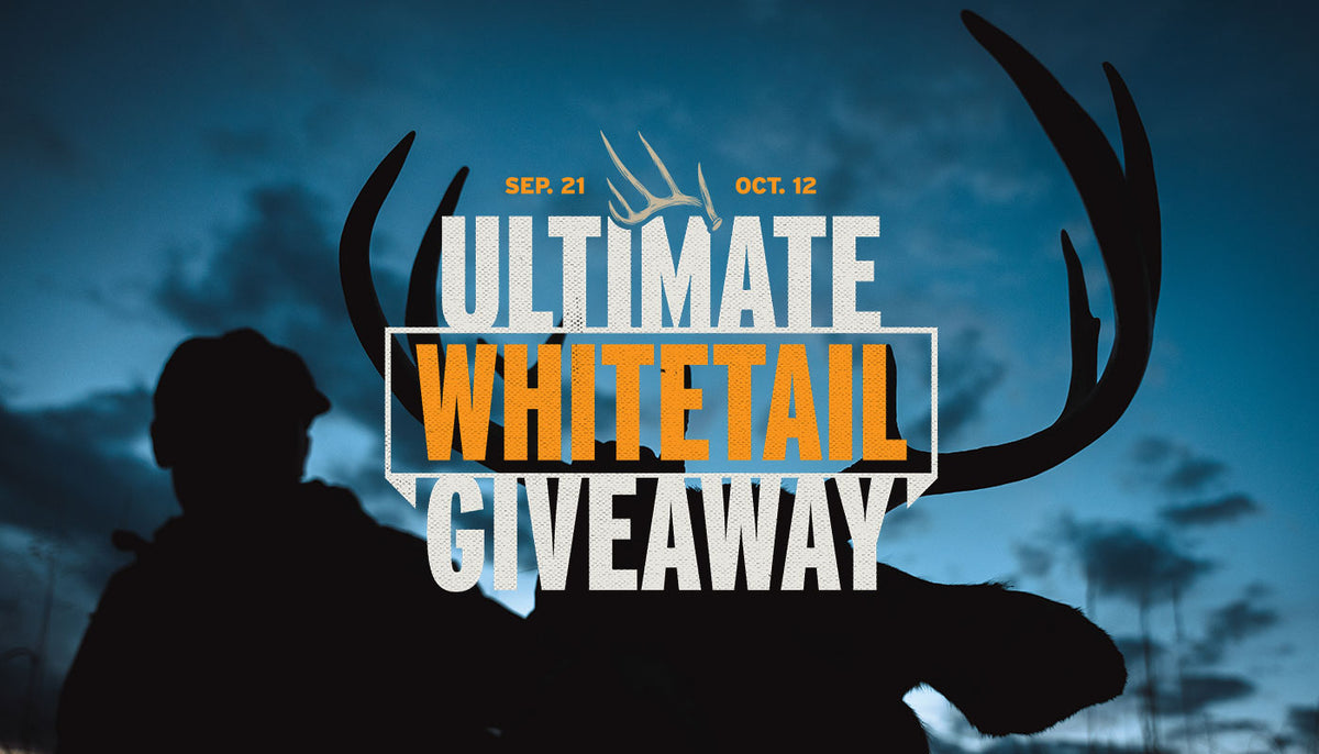 Orange and White text logo for the 'ultimate whitetail giveaway' overlayed on an evening scene with the silhouette of a hunter and whitetail buck antlers